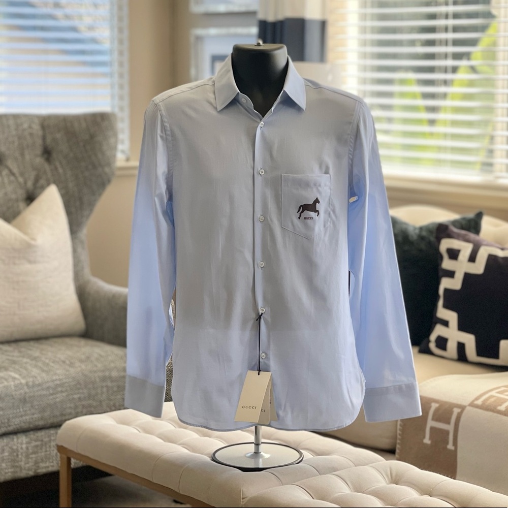Gucci Embroidered Horse Placed Fil Coupe Dress Shirt